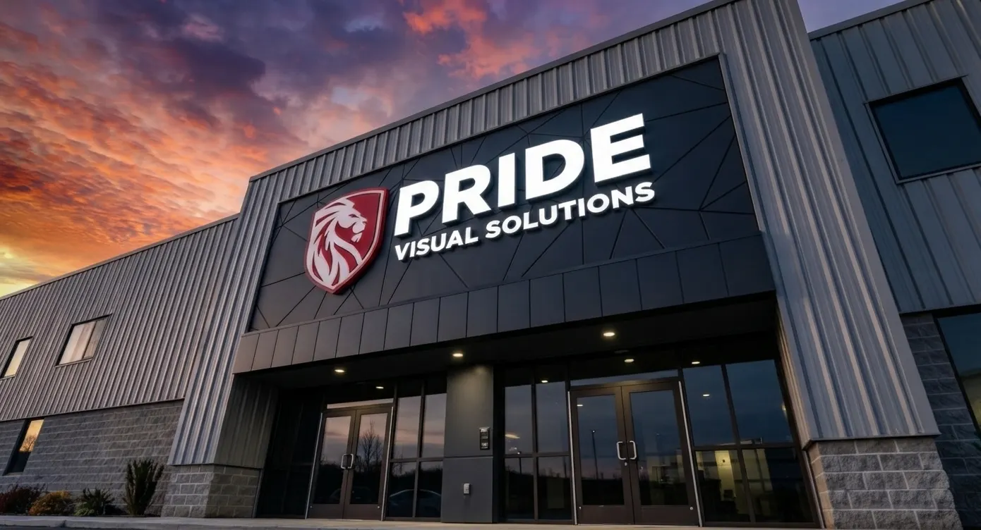 Pride Visual Solutions headquarters exterior with illuminated logo signage