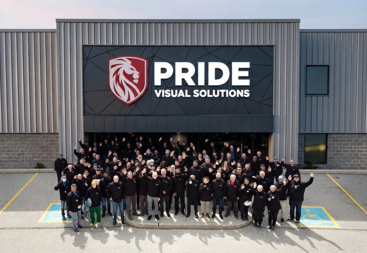 The Pride Visual Solutions team waving in front of the Cambridge, Ontario facility