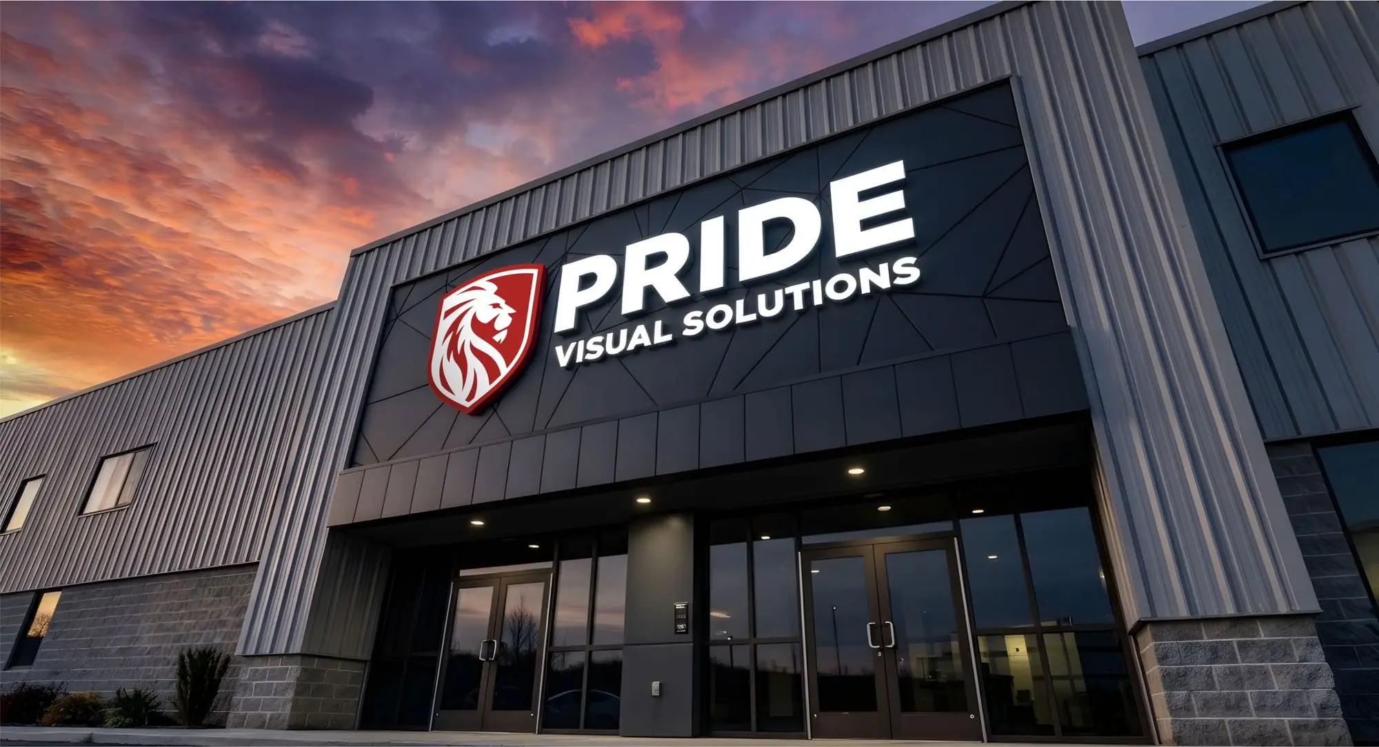 The rebranded Pride Visual Solutions facility at dusk, its illuminated logo on the façade