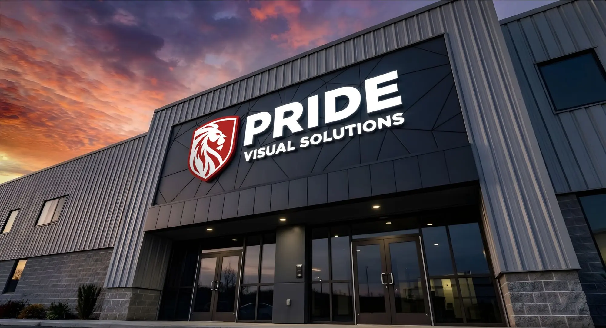 The rebranded Pride Visual Solutions facility at dusk, its illuminated logo on the façade