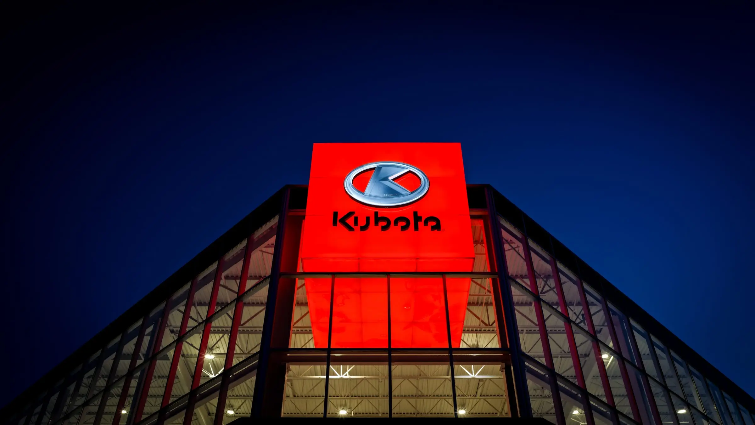 Aerial view of the Kubota dealership and illuminated cube