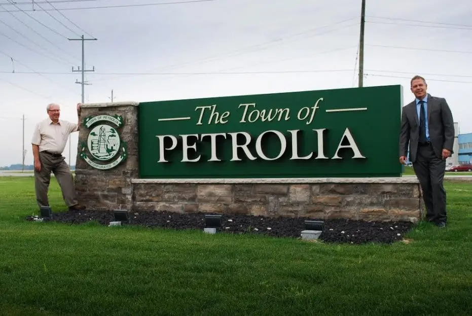 New Petrolia Sign X — monument sign by Pride Visual Solutions